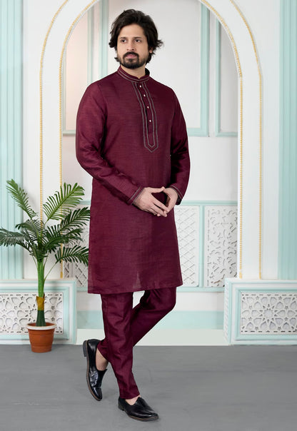 Maroon Colour Art Silk Pintux Work Kurta Pajama