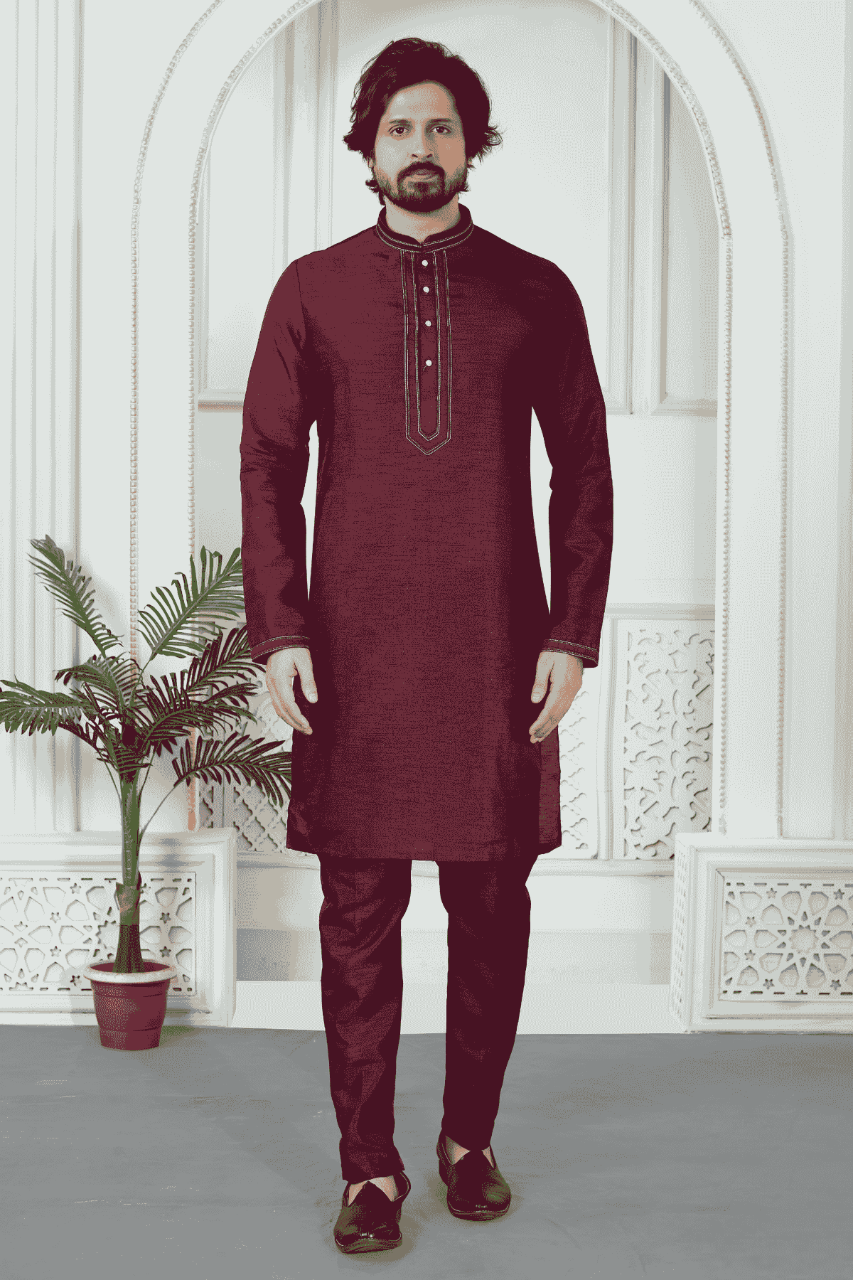 Maroon Colour Art Silk Pintux Work Kurta Pajama