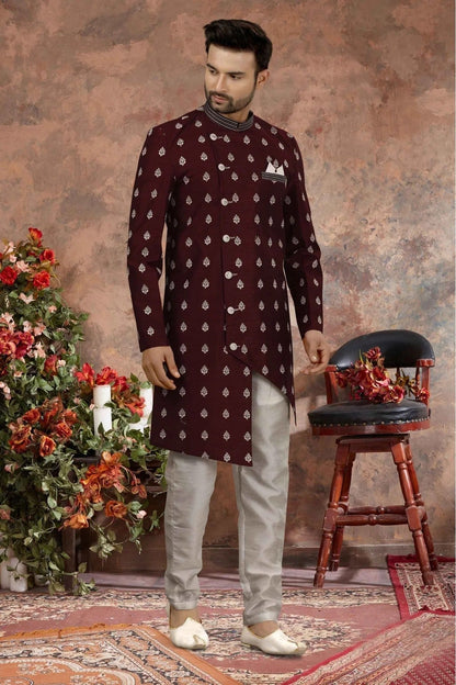 Maroon Colour Art Silk Thread Work Sherwani SH1040347