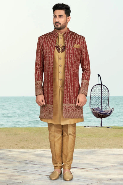 Maroon Colour Banarasi Silk Sherwani SH1040521