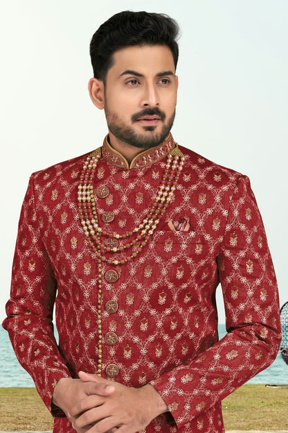 Maroon Colour Banarasi Silk Sherwani SH1040528 A