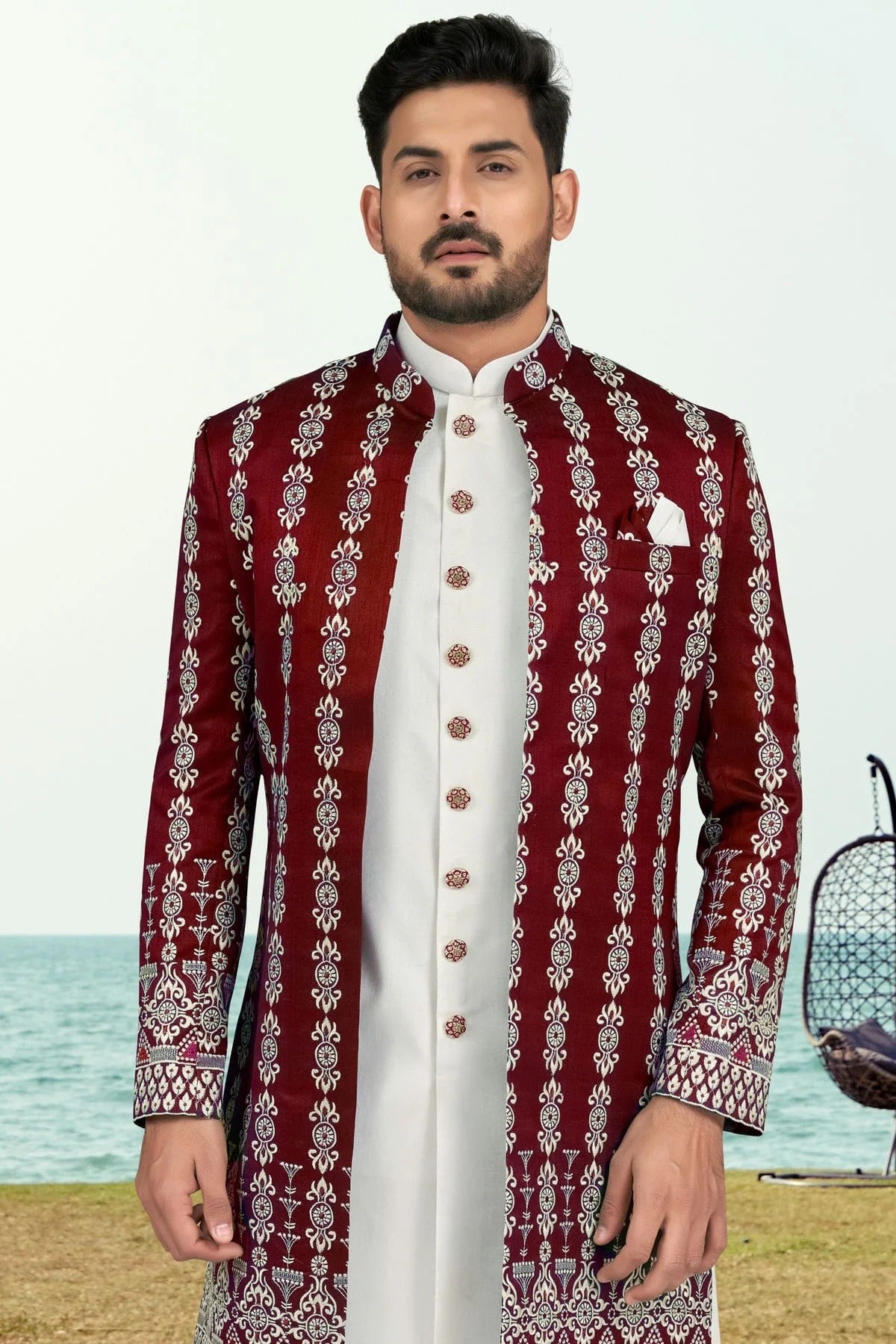 Maroon Colour Banarasi Silk Sherwani SH1040530 A