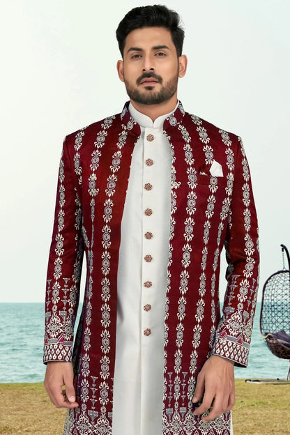 Maroon Colour Banarasi Silk Sherwani SH1040530 A