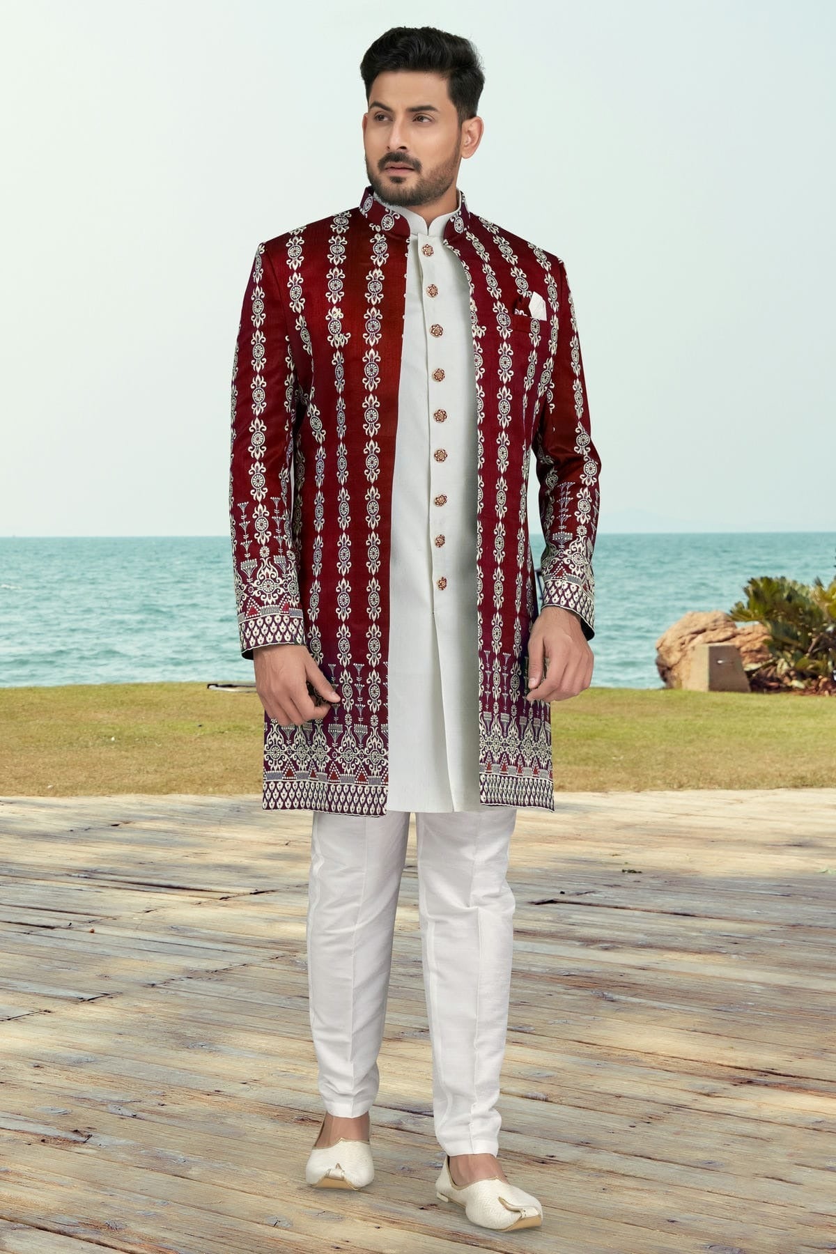 Maroon Colour Banarasi Silk Sherwani SH1040530