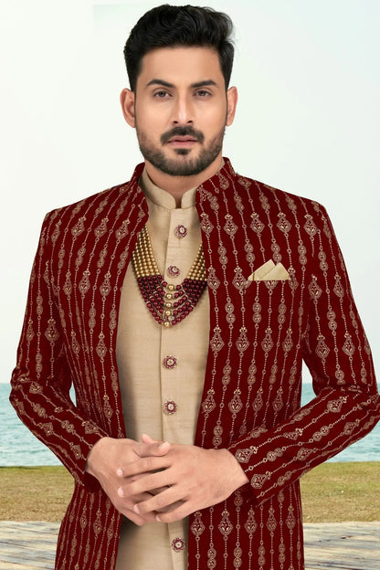 Maroon Colour Banarasi Silk Sherwani SH1040533 A