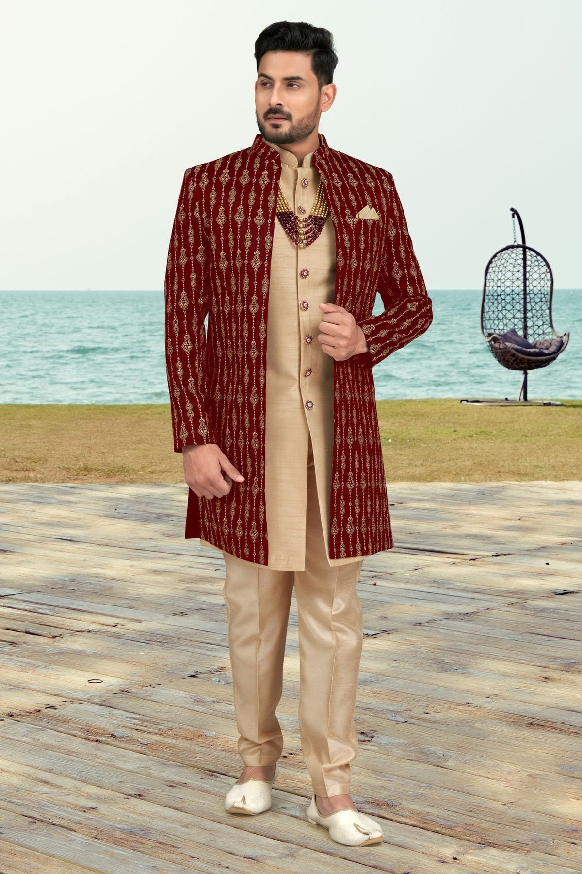 Maroon Colour Banarasi Silk Sherwani SH1040533