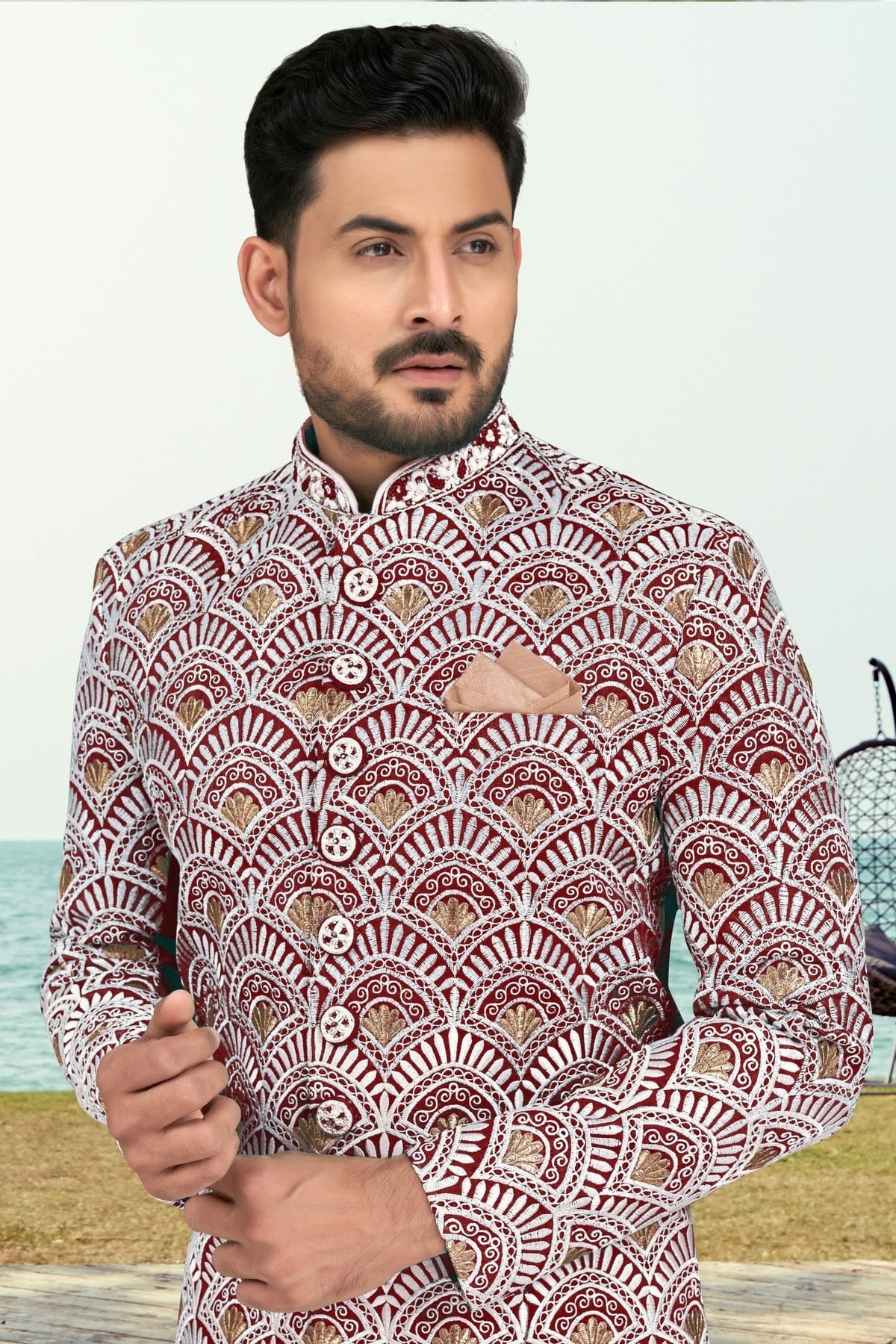 Maroon Colour Banarasi Silk Sherwani SH1040538 A