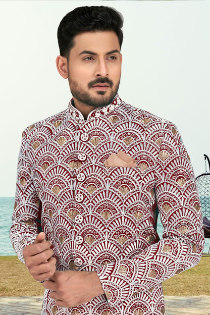 Maroon Colour Banarasi Silk Sherwani SH1040538 A