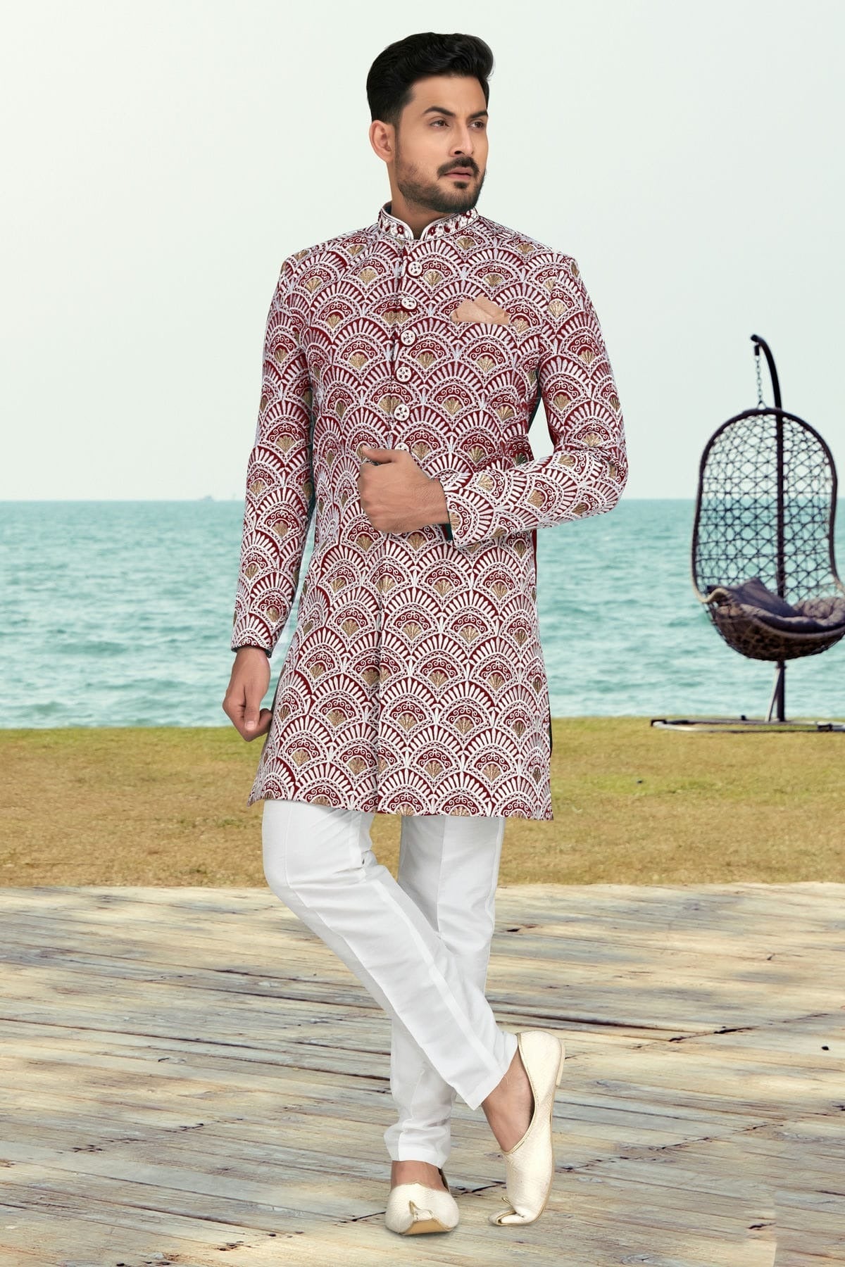 Maroon Colour Banarasi Silk Sherwani SH1040538