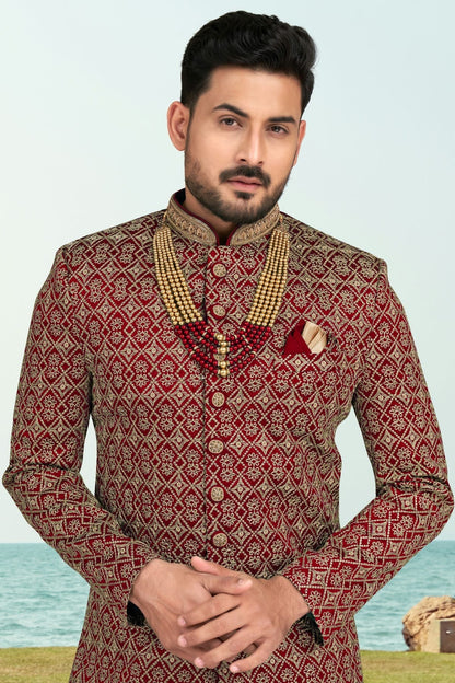 Maroon Colour Banarasi Silk Sherwani SH1040540 A