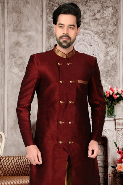Maroon Colour Brocade Silk Dhoti Sherwani SH1040294 A
