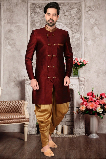 Maroon Colour Brocade Silk Dhoti Sherwani SH1040294