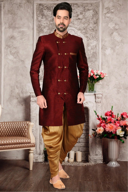 Maroon Colour Brocade Silk Dhoti Sherwani SH1040294