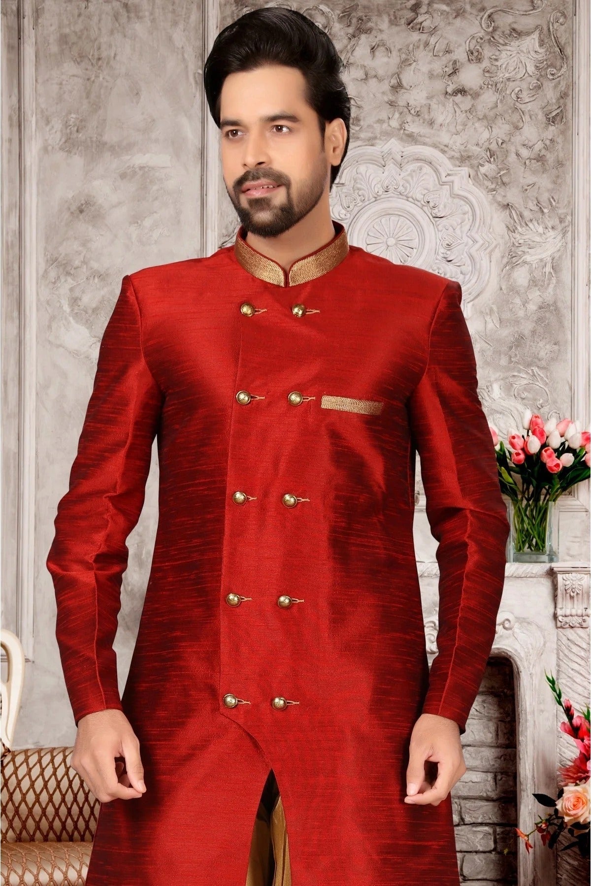 Maroon Colour Brocade Silk Dhoti Sherwani SH1040298 A