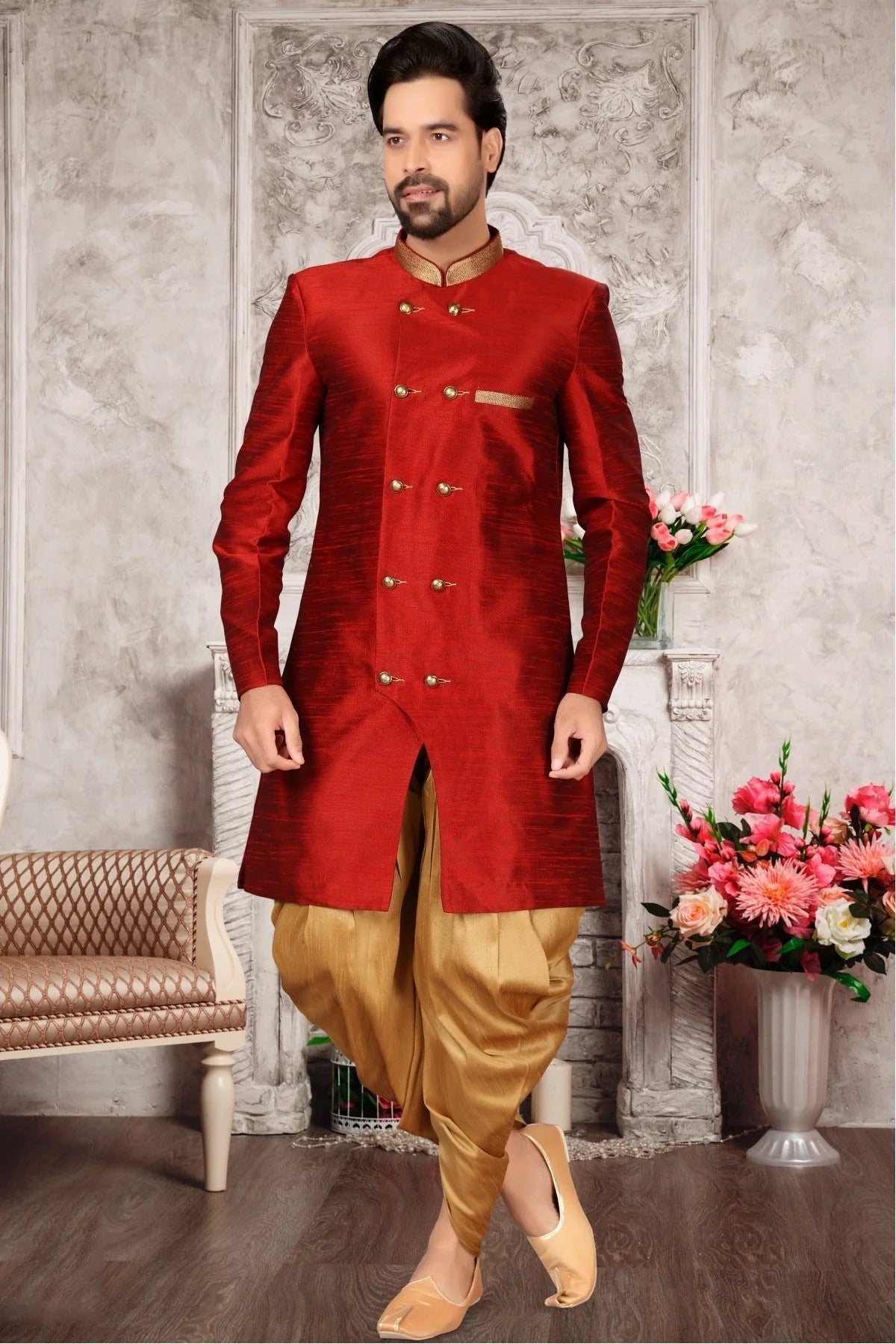 Maroon Colour Brocade Silk Dhoti Sherwani SH1040298