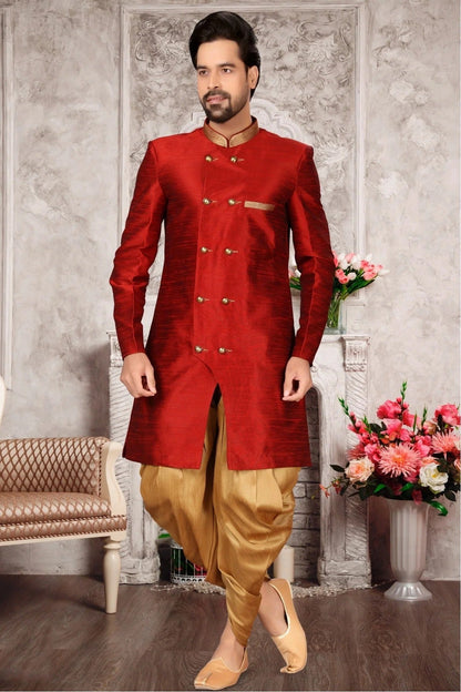 Maroon Colour Brocade Silk Dhoti Sherwani SH1040298