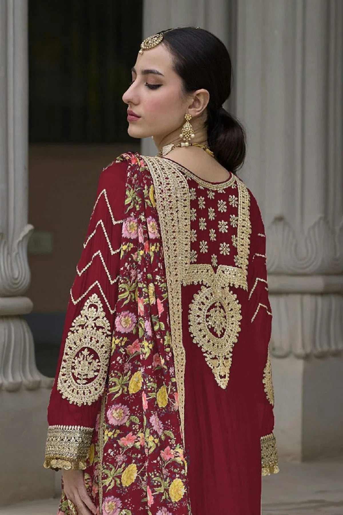 Maroon Colour Chinon Palazzo Pant Suit SM1140131 A