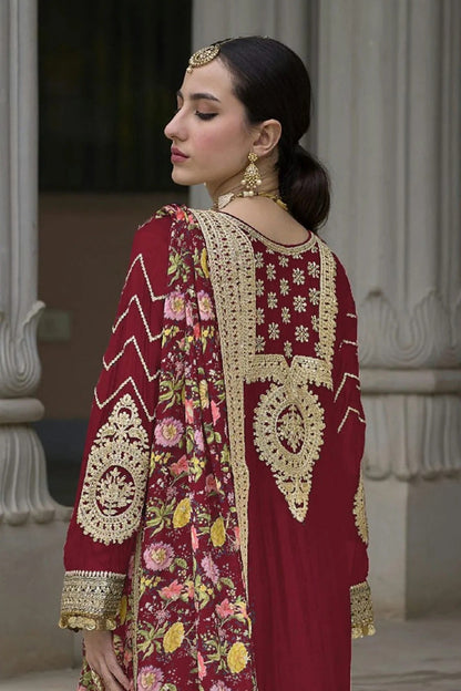 Maroon Colour Chinon Palazzo Pant Suit SM1140131 A