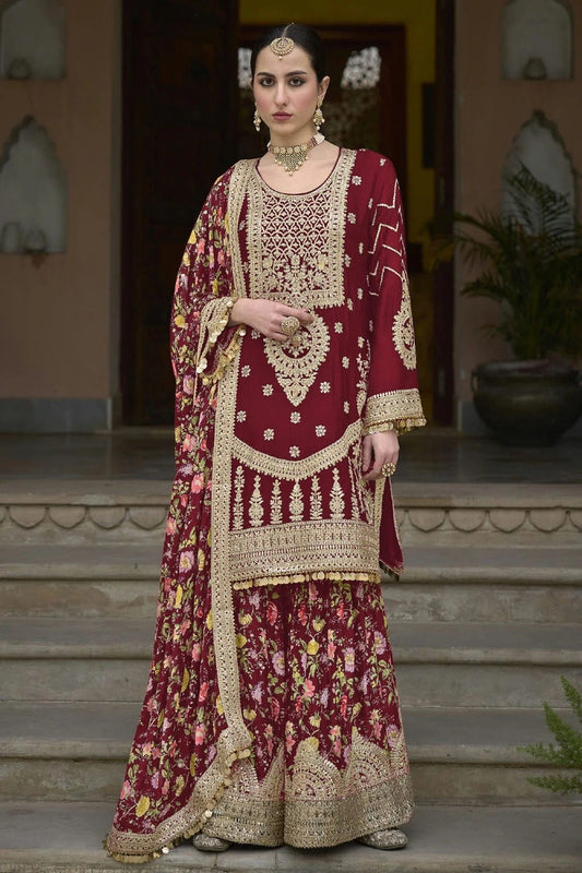 Maroon Colour Chinon Palazzo Pant Suit SM1140131