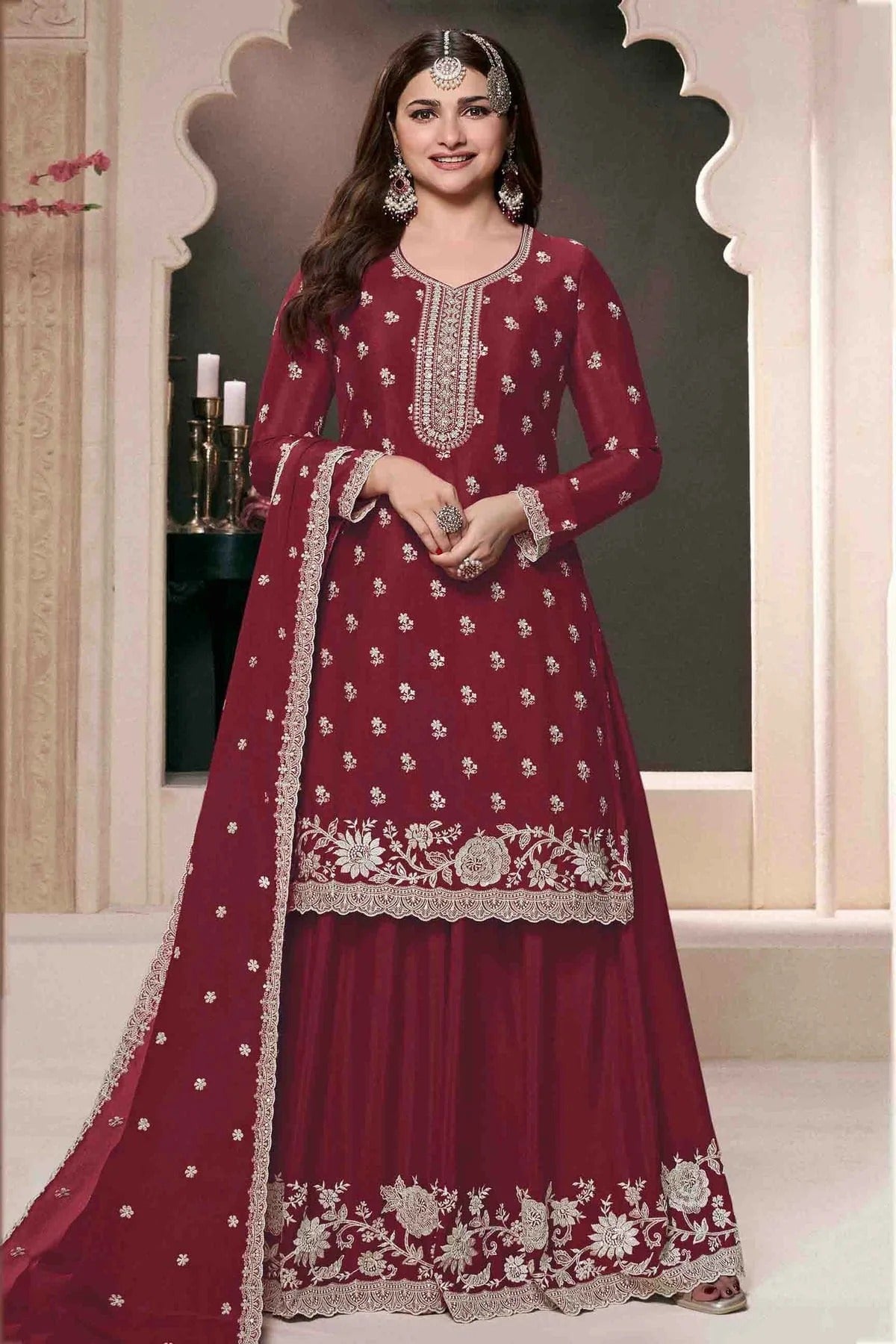 Maroon Colour Chinon Palazzo Pant Suit SM1140918