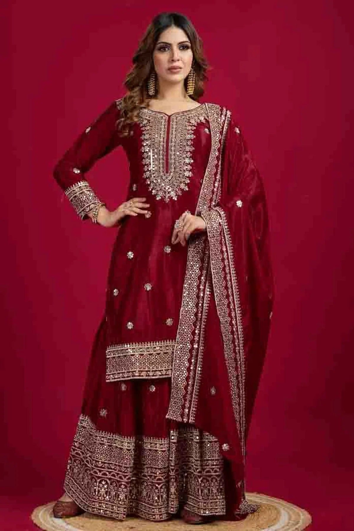 Maroon Colour Chinon Silk Stitched Sharara Suit SS1140769