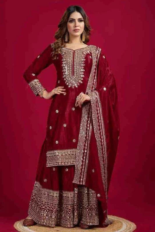 Maroon Colour Chinon Silk Stitched Sharara Suit SS1140769