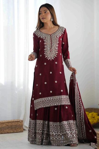 Maroon Colour Chinon Silk Stitched Suit SS1113000