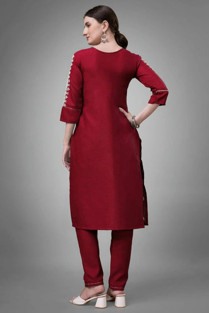 Maroon Colour Cotton Blend Kurta And Pant Set KR1111326 A