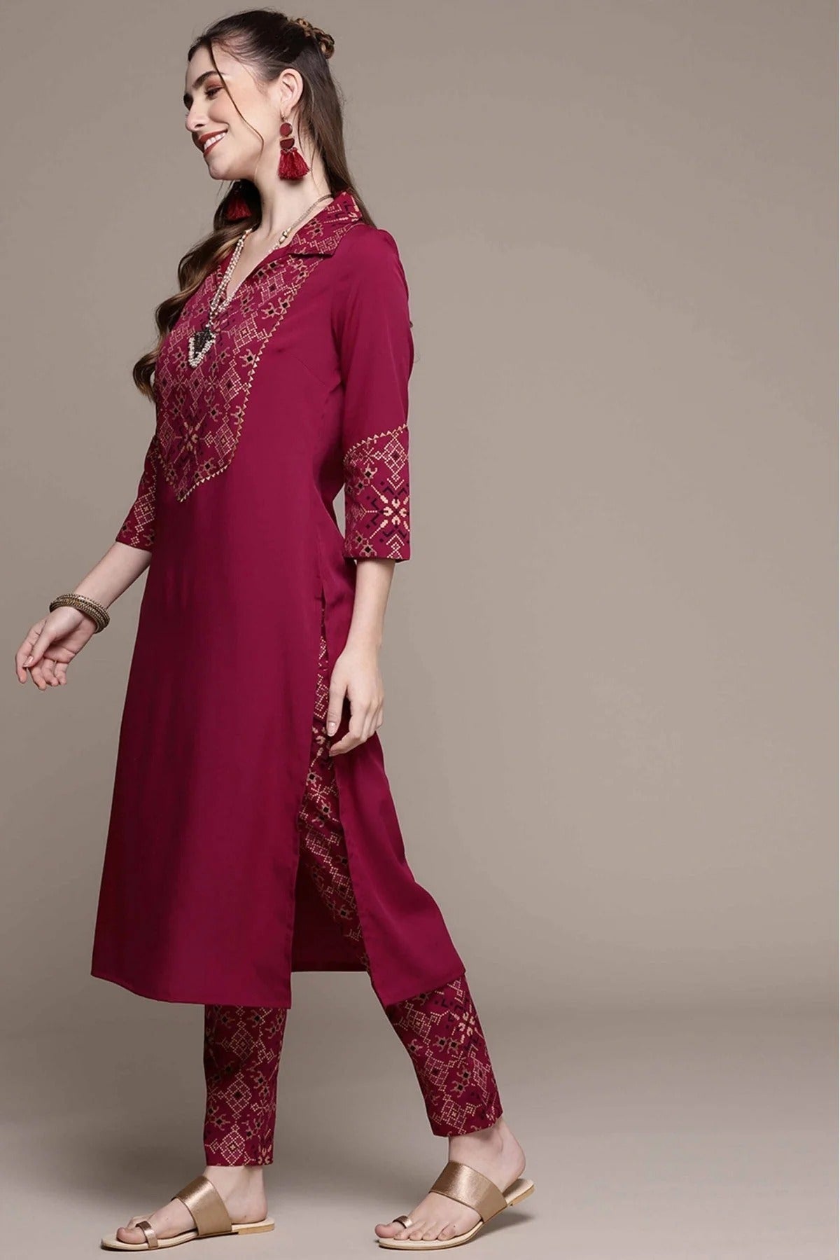 Maroon Colour Crepe Foil Print Kurta With Pant KR1060148 B