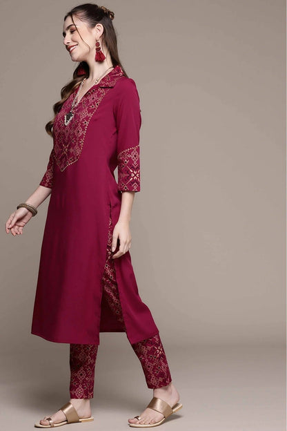 Maroon Colour Crepe Foil Print Kurta With Pant KR1060148 B