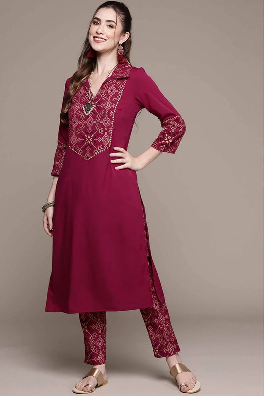 Maroon Colour Crepe Foil Print Kurta With Pant KR1060148