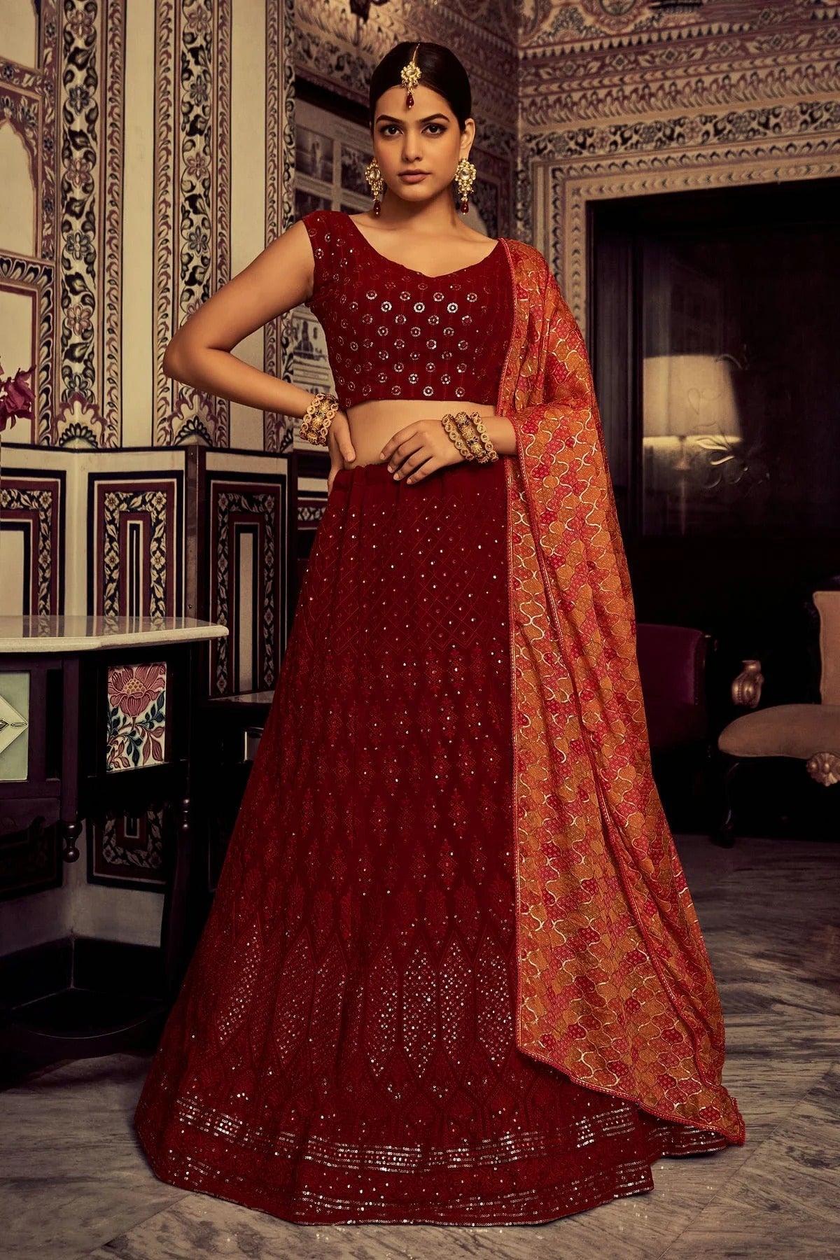 Maroon Colour Embroidery Georgette Lehenga Choli LD1080776