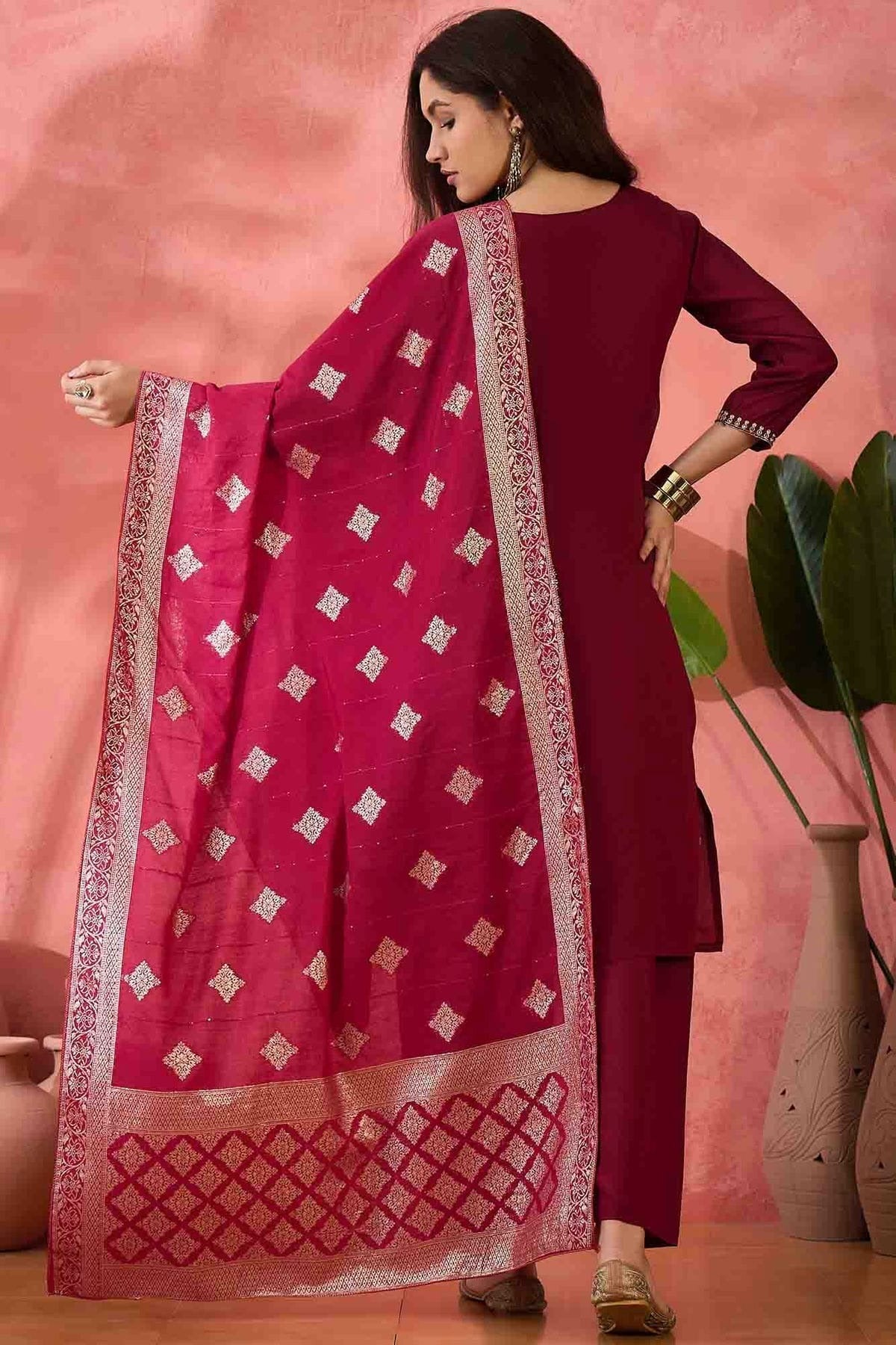 Maroon Colour Embroidery Roman Silk Pant Style Suit SS1113521 A