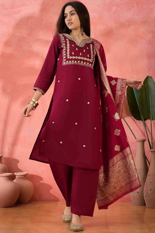 Maroon Colour Embroidery Roman Silk Pant Style Suit SS1113521