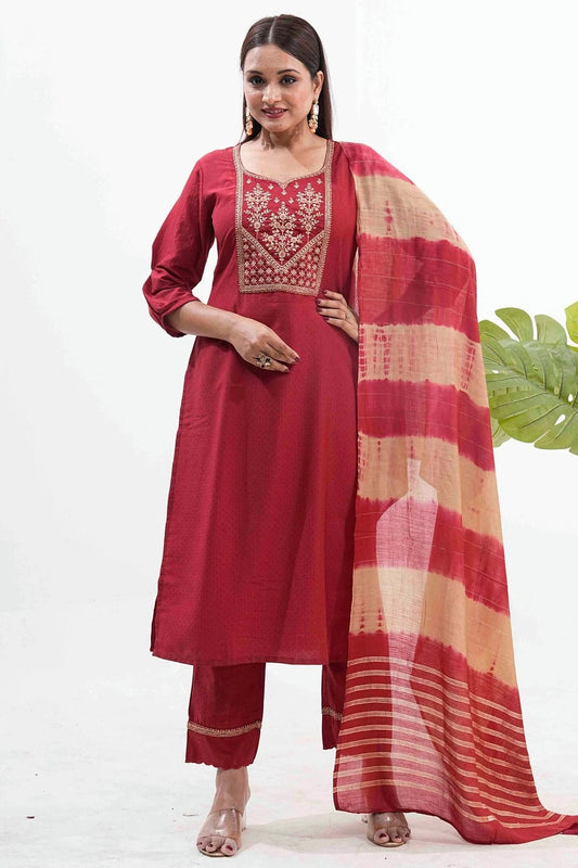Maroon Colour Embroidery Roman Silk Pant Style Suit SS1113523