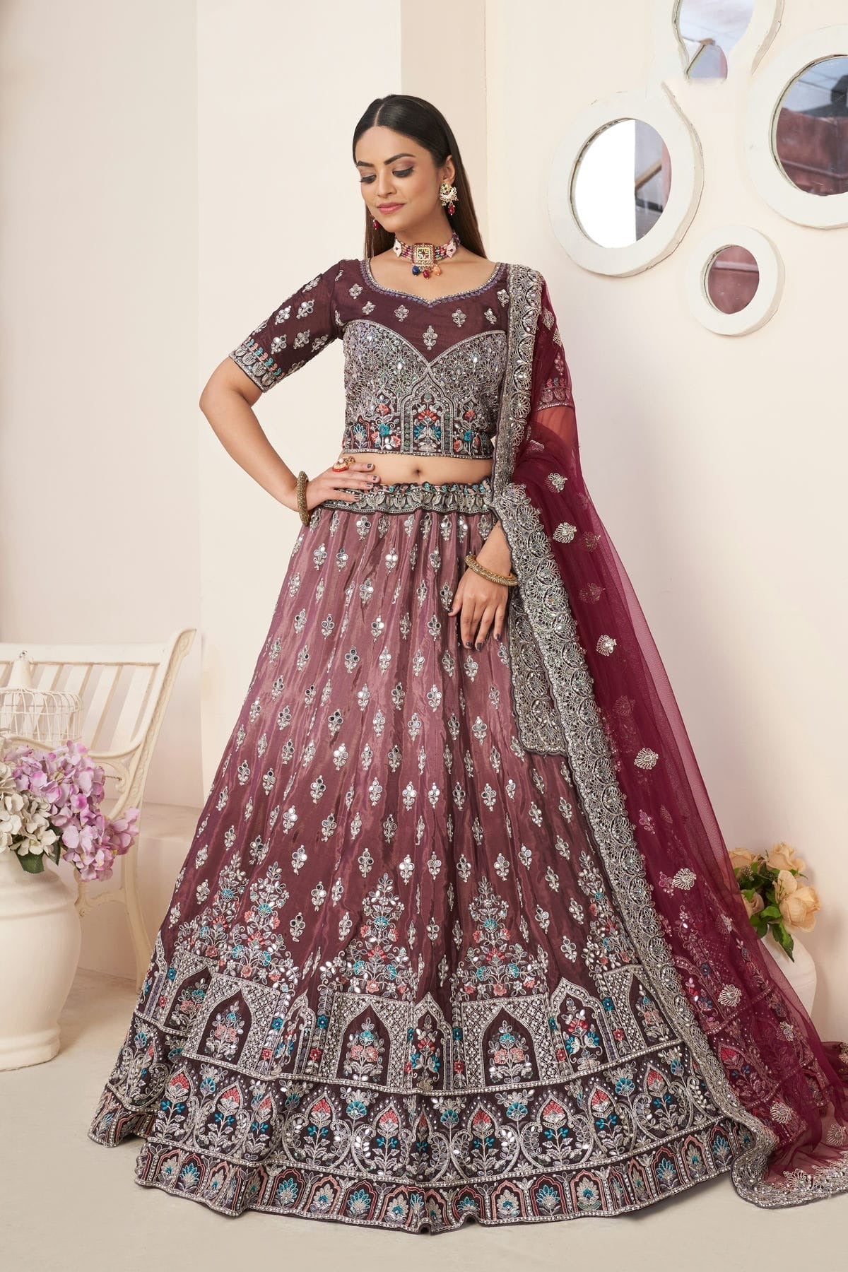 Maroon Colour Embroidery Satin Lehenga Choli LD1080859