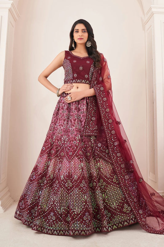 Maroon Colour Embroidery Soft Net Lehenga Choli LD1080828