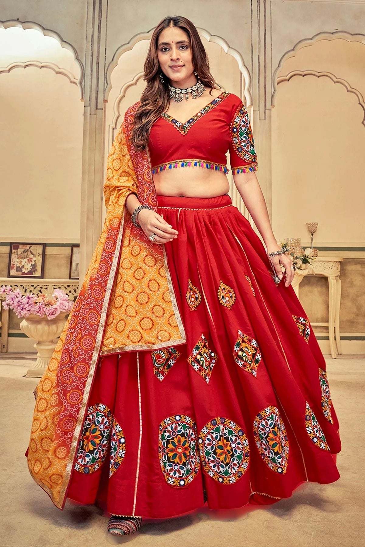 Maroon Colour Embroidery Work Cotton Silk Navratri Lehenga LD1170028