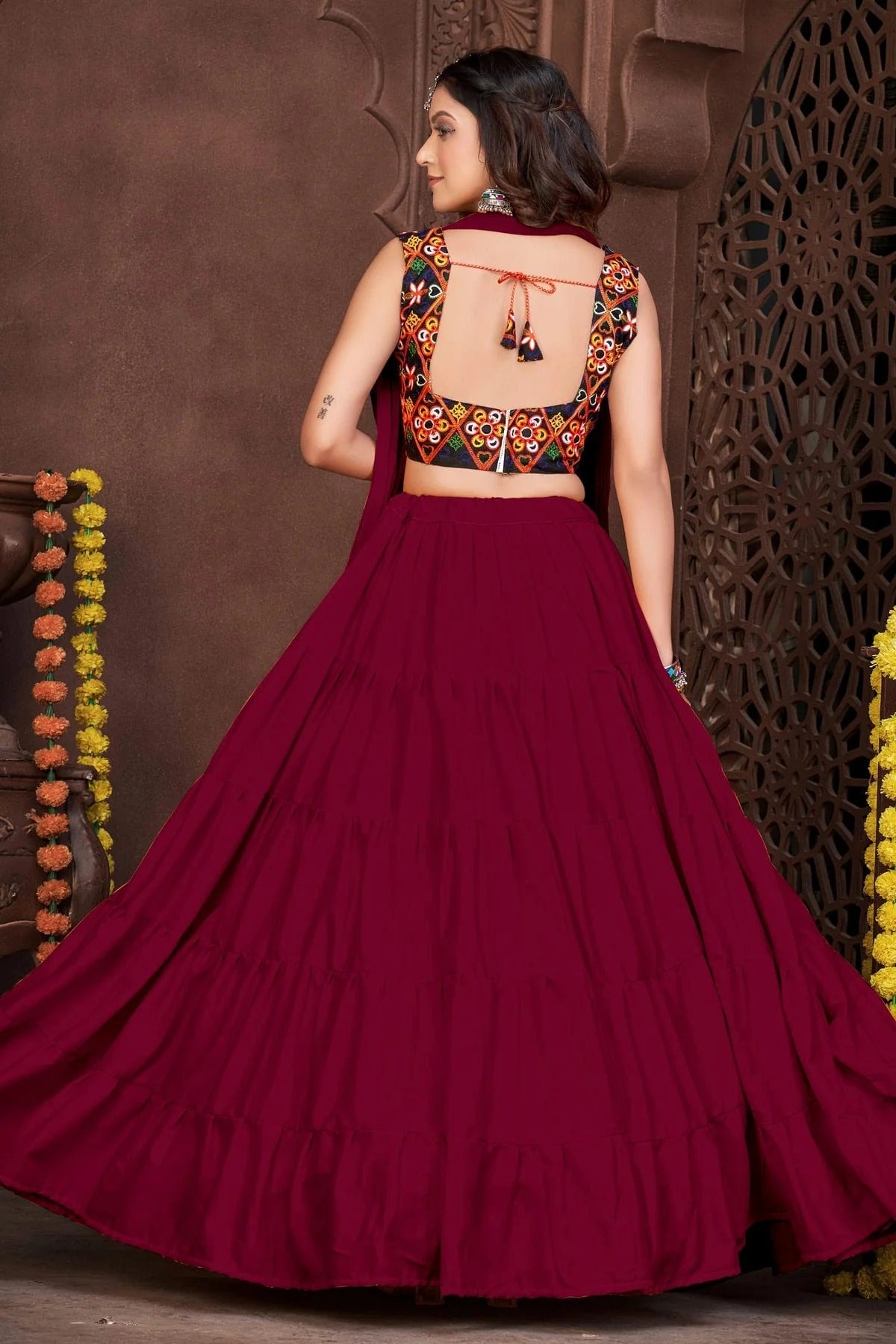 Maroon Colour Embroidery Work French Crepe Navratri Lehenga LD1170008 A