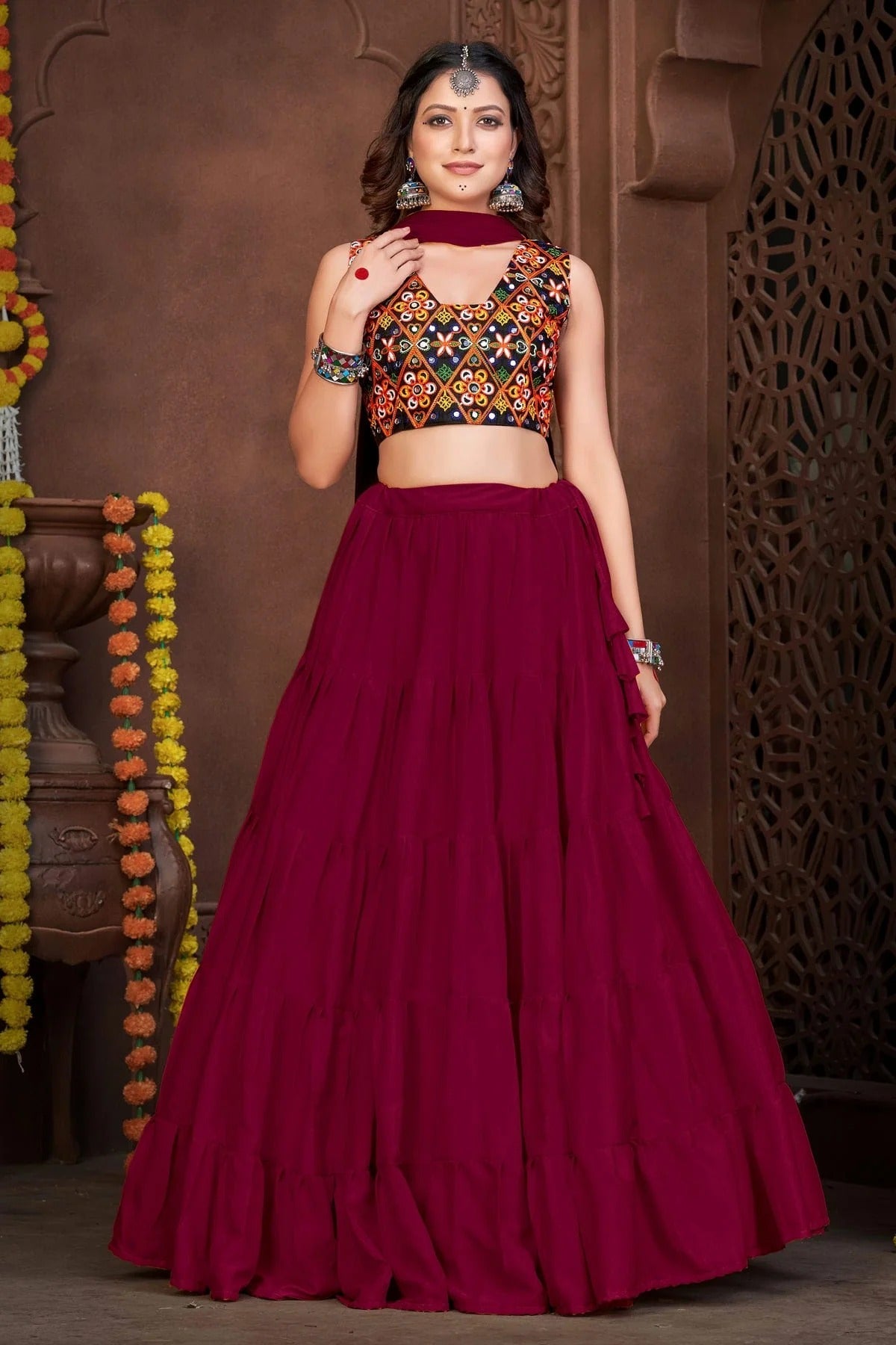 Maroon Colour Embroidery Work French Crepe Navratri Lehenga LD1170008
