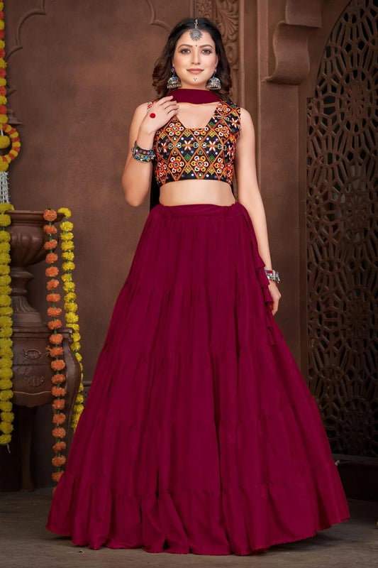 Maroon Colour Embroidery Work French Crepe Navratri Lehenga LD1170008