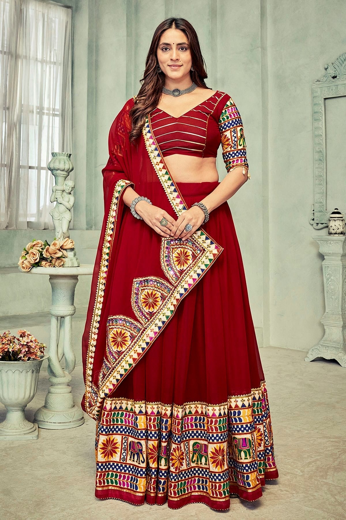 Maroon Colour Embroidery Work Georgette Navratri Lehenga LD1170021