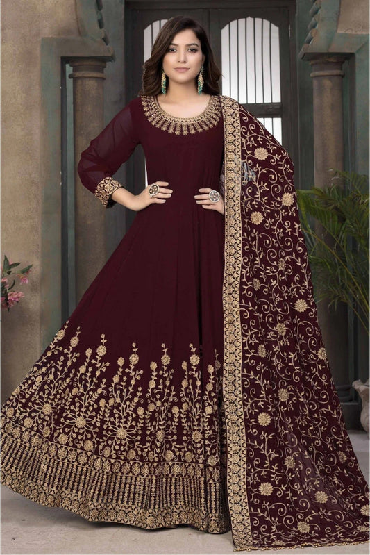 Maroon Colour Faux Georgette Embroidery Anarkali Suit SM1050187
