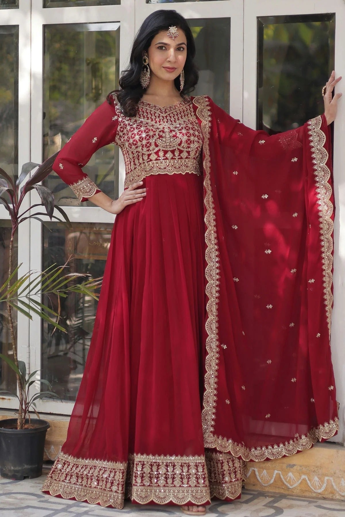 Maroon Colour Faux Georgette Fabric Stitched Gown GW1112367