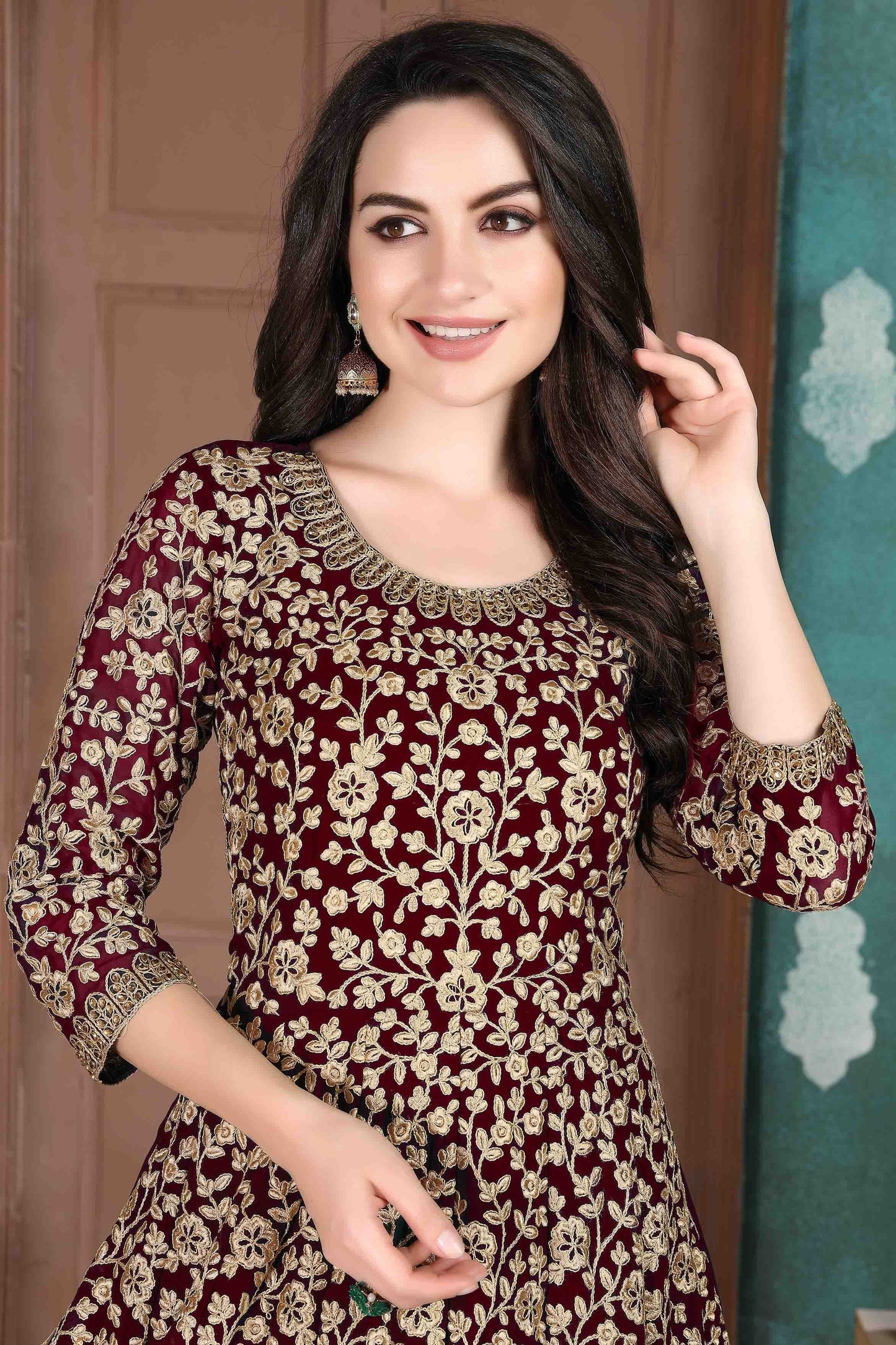 Maroon Colour Faux Georgette Semi Stitched Anarkali Suit SM1050265 A