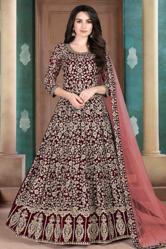Maroon Colour Faux Georgette Semi Stitched Anarkali Suit SM1050265