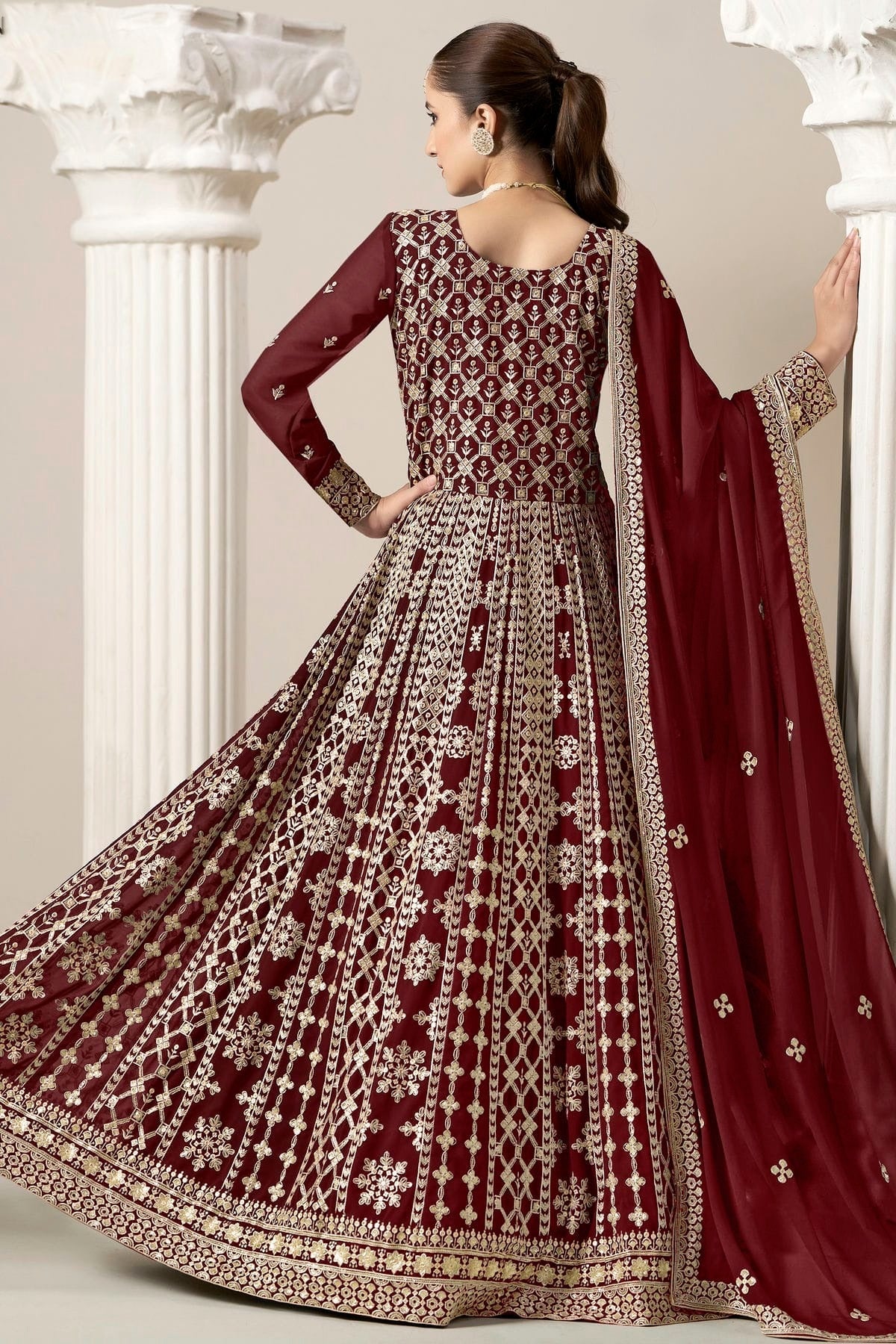 Maroon Colour Faux Georgette Semi Stitched Anarkali Suit SM1050628 A