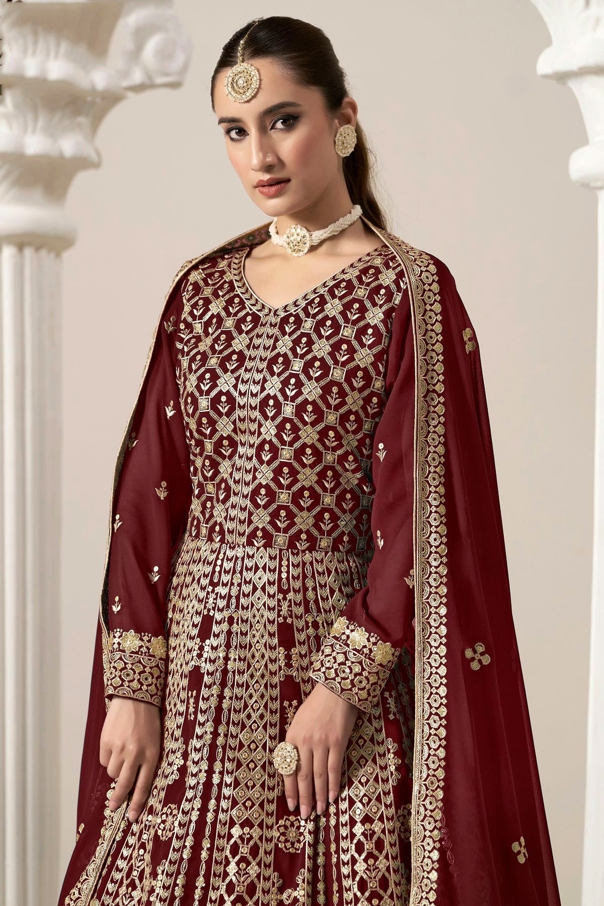 Maroon Colour Faux Georgette Semi Stitched Anarkali Suit SM1050628 B