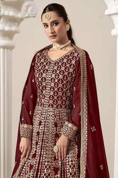 Maroon Colour Faux Georgette Semi Stitched Anarkali Suit SM1050628 B