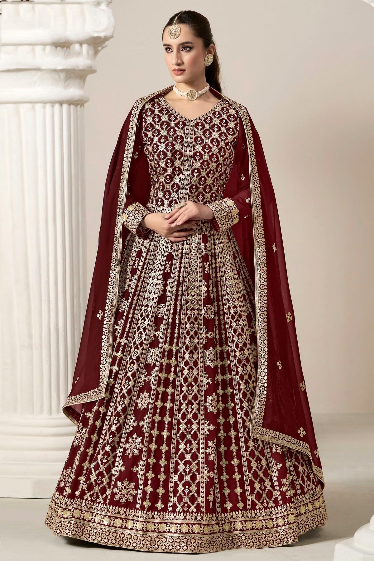 Maroon Colour Faux Georgette Semi Stitched Anarkali Suit SM1050628